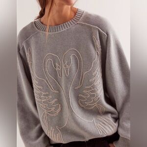 We The Free Gray Swan Embroidered Sweater